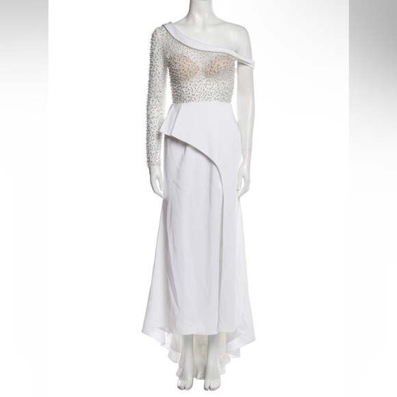 Mac Duggal White Asymmetrical Peplum Gown - Picture 1 of 4